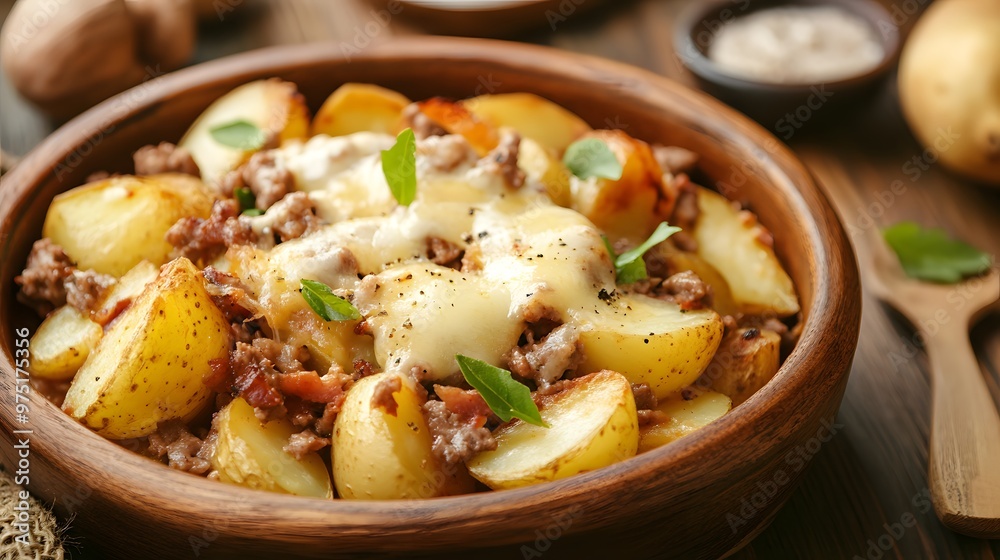 Potatoes with meat and mozzarella cheese , Generative AI Potatoes with meat and mozzarella cheese , Generative AI