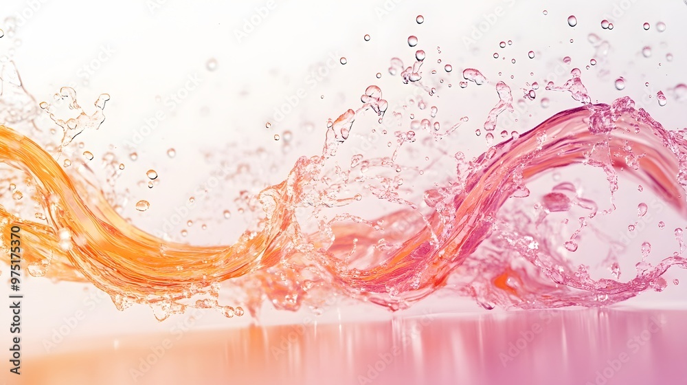 19. **A bright 3D render of a pink-orange water splash with energetic arcs and droplets, set against a pristine white background 19. **A bright 3D render of a pink-orange water splash with energetic arcs and droplets, set against a pristine white background