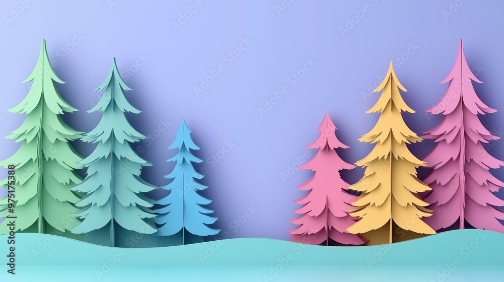 Obraz premium Colorful 3D Paper Christmas Trees on Pastel Background