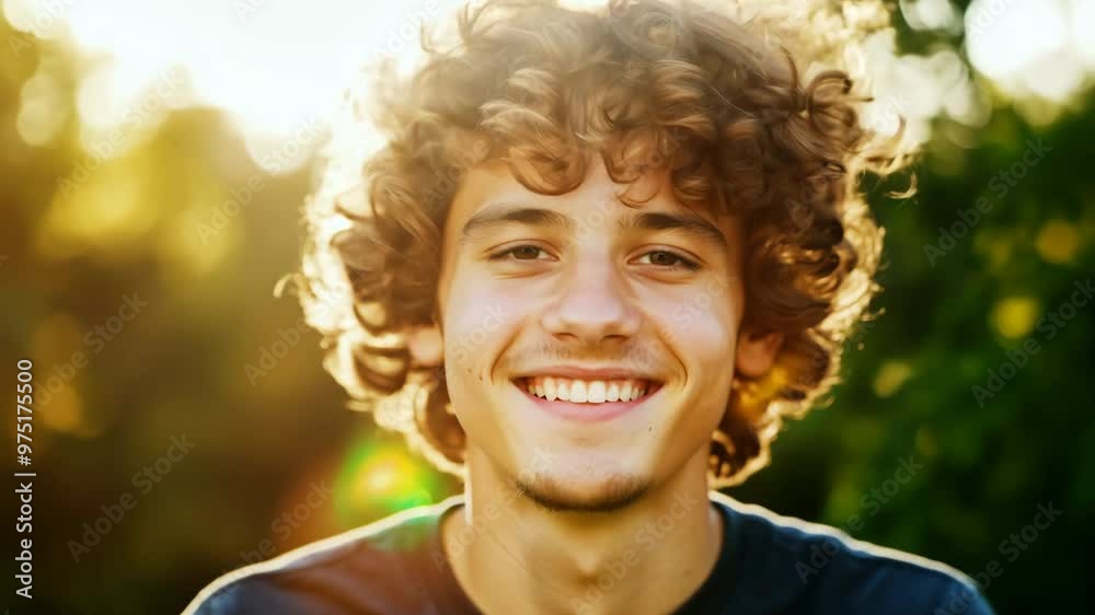 Young man smiling in a sunny outdoor setting during the golden hour, surrounded by greenery and nature