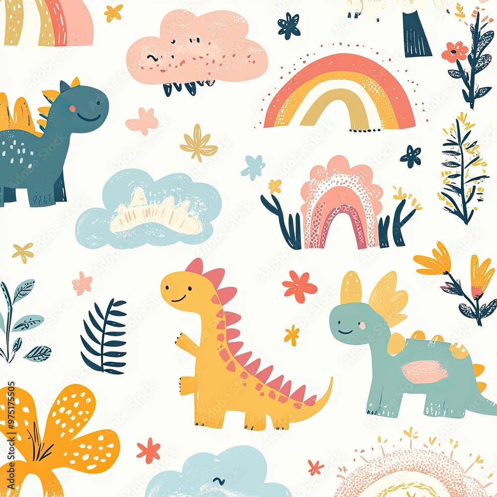 Obraz premium Whimsical Dinosaur Patterns with Rainbows and Clouds