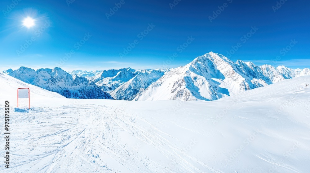 Snow Capped Mountains with Sunny Sky and Ski Tracks Snow Capped Mountains with Sunny Sky and Ski Tracks