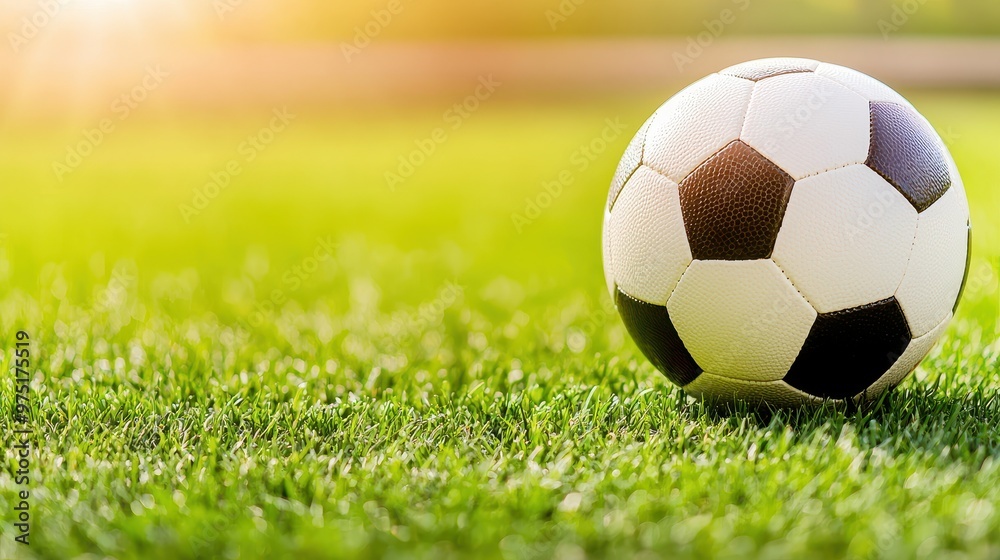 Fototapeta premium Soccer Ball on Grass with Sun Flare