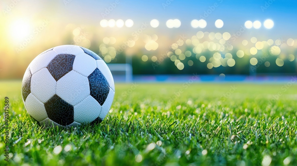 Fototapeta premium Soccer Ball on Green Grass Field with Stadium Lights in Background