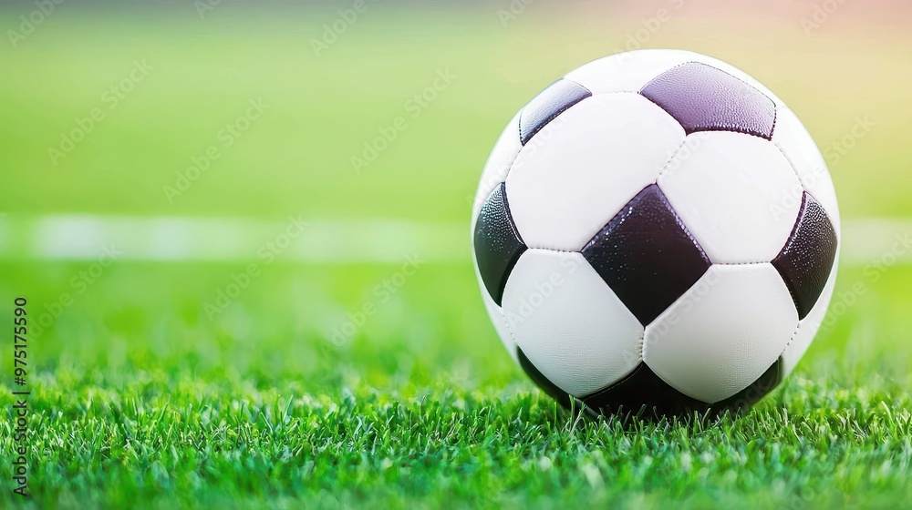 Fototapeta premium Soccer Ball on Green Grass Field Sport Equipment Game Football Match Play Competition