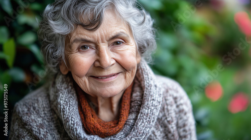 Cheerful Elderly Woman Smiling Outdoors in a Cozy Sweater