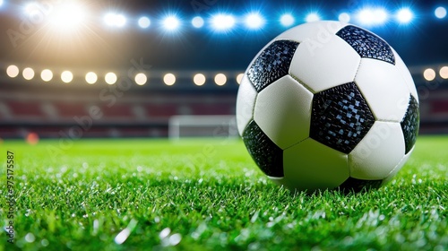Soccer Ball on Green Grass Field with Stadium Lights