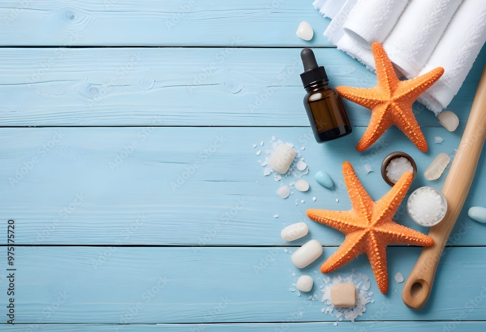 A spa or wellness background with a towel, essential oils, and starfish on a light blue wooden surface A spa or wellness background with a towel, essential oils, and starfish on a light blue wooden surface