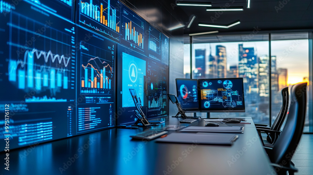A conference room setup for ad campaign strategy planning with large screens, marketing research, and creative concept boards 