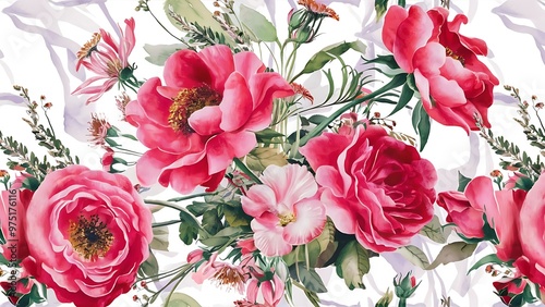 Watercolor floral seamless pattern of pink and red roses and wildflowers, illustration on white background