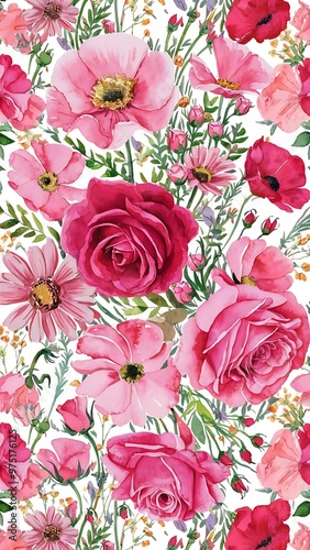 Watercolor floral seamless pattern of pink and red roses and wildflowers, illustration on white background