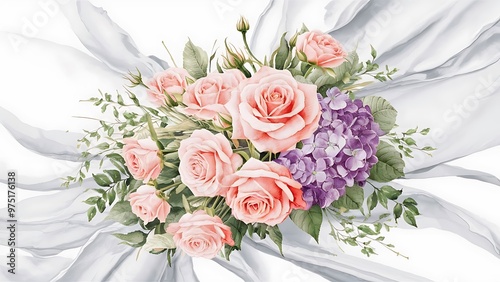 Hand drawn watercolor bouquet on white background. Beautiful gentle flowers in the composition. Roses and hydrangeas. Design for card, invitation.