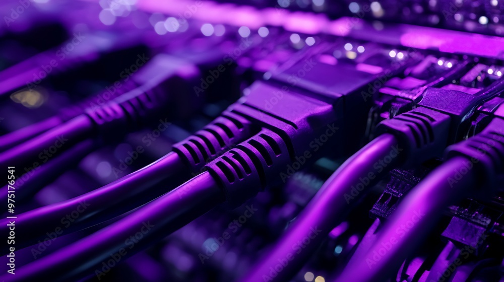 Close-up of purple ethernet cables plugged into a server. Close-up of purple ethernet cables plugged into a server.