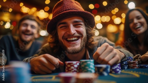 Poker showdown: Players engaging in thrilling game of Texas Hold'em at club, showcasing their strategic skills, competitive spirit as they navigate high-stakes world of poker. photo