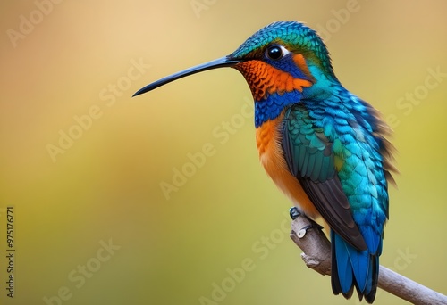 A vibrant hummingbird perched on a branch, with feathers and a sharp beak photo