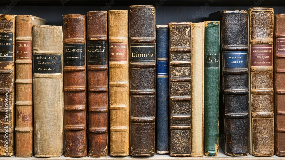 Antique Leather Bound Books on Shelf Antique Leather Bound Books on Shelf