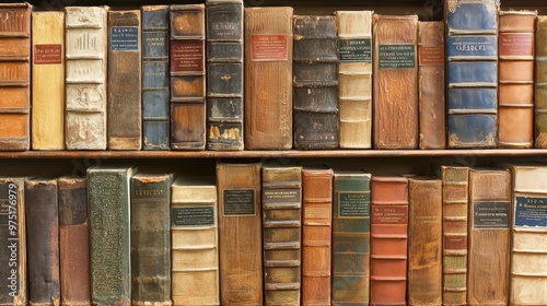 Antique Leather Bound Books on Wooden Shelf photo