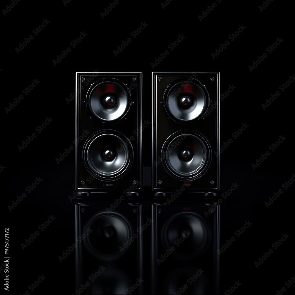 Black Audio Speakers Reflecting on Dark Surface Black Audio Speakers Reflecting on Dark Surface