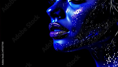 A striking digital portrait of a woman illuminated by blue light, highlighting her features in a dramatic and artistic manner. The intricate details and blue hues create a futuristic and mesmerizing