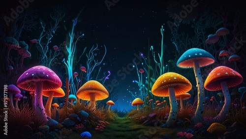 Psychedelic background with fluorescent paints and magic mushrooms, perfect for psy-trance