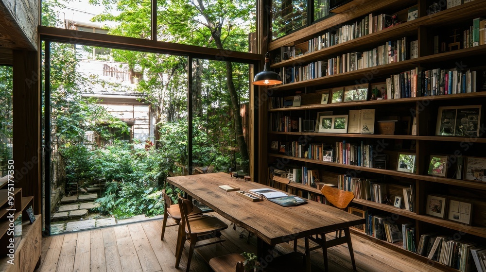 Modern Rustic Library Room with Wooden Table and Garden View