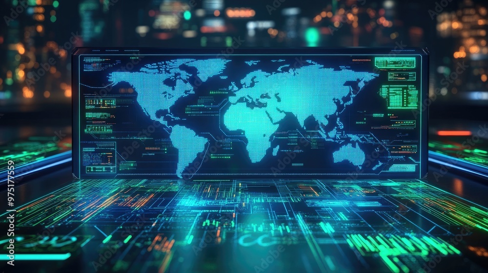 Futuristic Digital World Map Interface with Data Visualization and High-Tech Elements in a Modern Cityscape Futuristic Digital World Map Interface with Data Visualization and High-Tech Elements in a Modern Cityscape