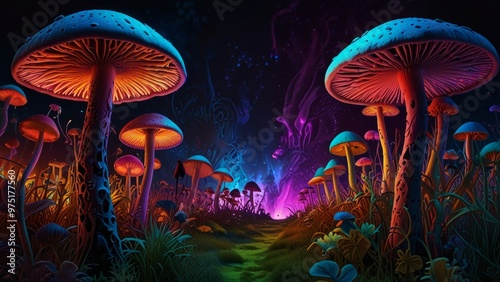 Psychedelic background with fluorescent paints and magic mushrooms, perfect for psy-trance