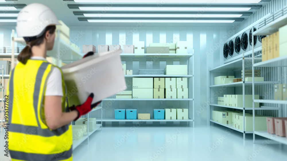 Woman with box stands in warehouse. Freezer storage. Industrial warehouse refrigeration chamber. Woman carries box into freezer. Industrial refrigerator in supermarket warehouse. Selective focus
