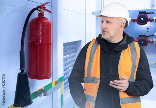 Enterprise safety engineer. Man near fire extinguisher. Inspector checks presence fire extinguisher. Man industrialist holding phone. Guy employee industrial company. Safety engineer in orange vest photo