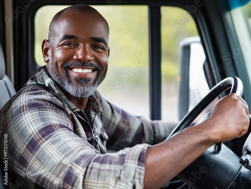 Happy Truck Driver Smiling Behind the Steering Wheel in Vehicle