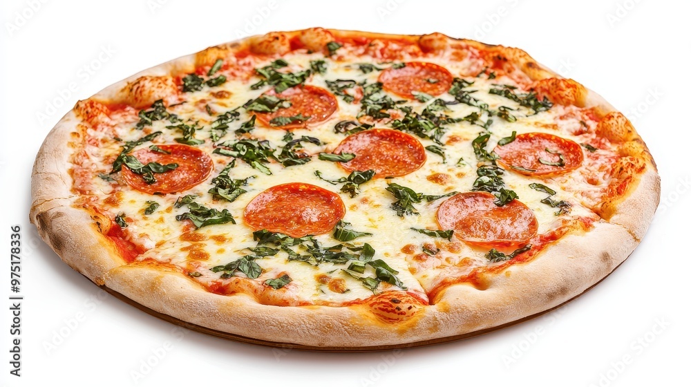 Delicious Pepperoni Pizza with Basil and Cheese on White Background Delicious Pepperoni Pizza with Basil and Cheese on White Background