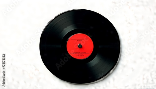 A classic black vinyl record with a vibrant red label lies against a white background, showcasing the nostalgic charm of analog music. The simplicity and elegance of this image make it perfect for