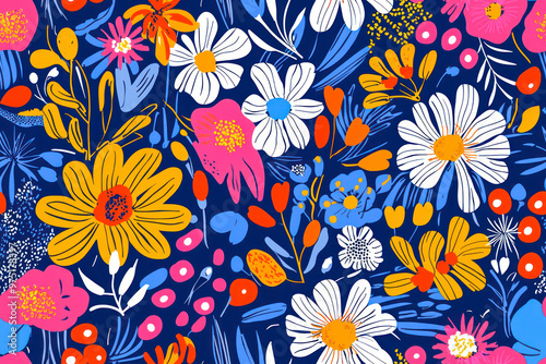 Wallpaper Mural Abstract floral seamless pattern. Colorful botanical print. Cute groovy flowers on a blue background. Torontodigital.ca