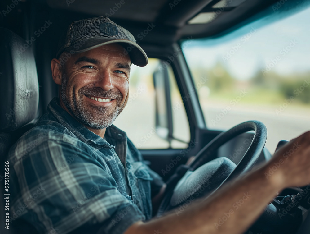 Smiling Professional Truck Driver Behind the Wheel on a Sunny Day Smiling Professional Truck Driver Behind the Wheel on a Sunny Day