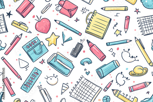 Back to school doodle seamless pattern. Hand drawn background with school supplies and creative elements.