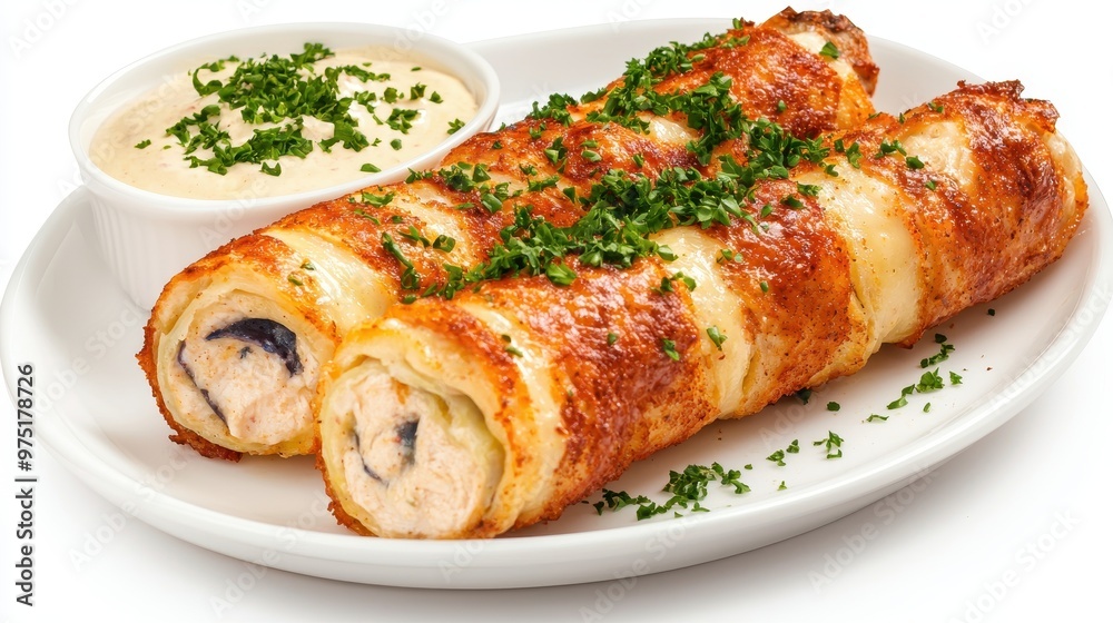 Crispy Chicken Rolls with Creamy Sauce on White Plate Crispy Chicken Rolls with Creamy Sauce on White Plate