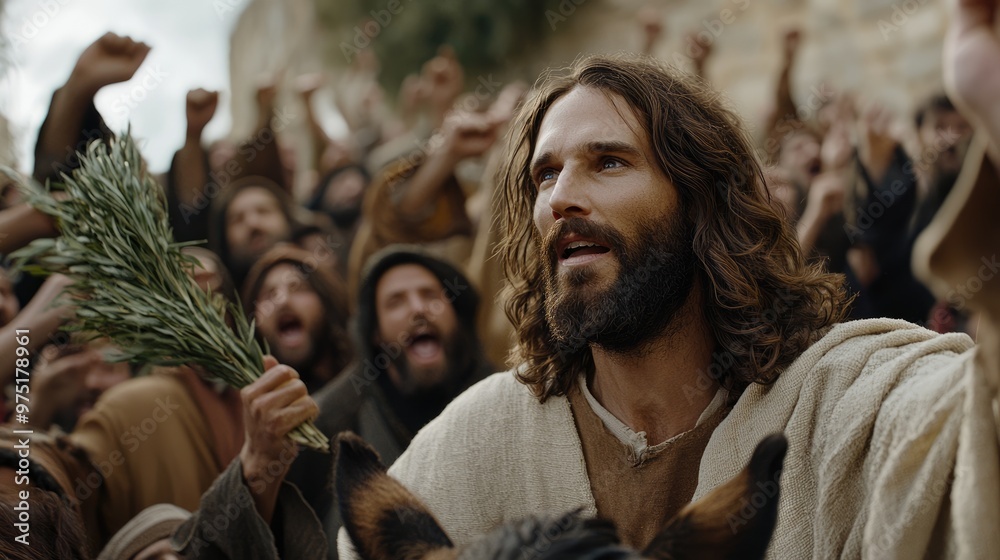 Fototapeta premium Triumphal entry scene: Jesus Christ rides into Jerusalem on donkey, met by jubilant crowds waving palm branches, symbolizing peace, prophecy, significance of Palm Sunday in Christian tradition