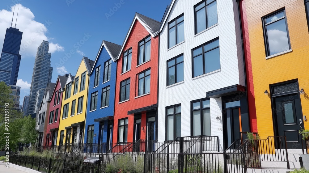 Row colorful townhouses unique architecture set backdrop modern skyline. AI generated Row colorful townhouses unique architecture set backdrop modern skyline. AI generated
