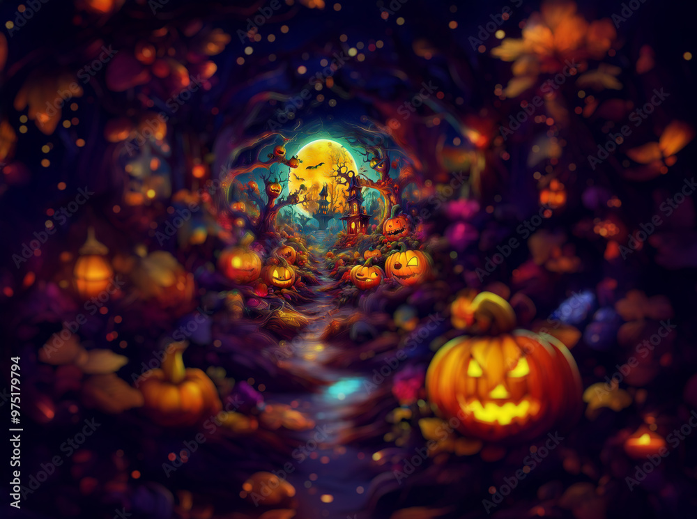 A spooky Halloween scene with a full moon, jack-o-lanterns, a haunted house, and trees with twisting branches. A spooky Halloween scene with a full moon, jack-o-lanterns, a haunted house, and trees with twisting branches.