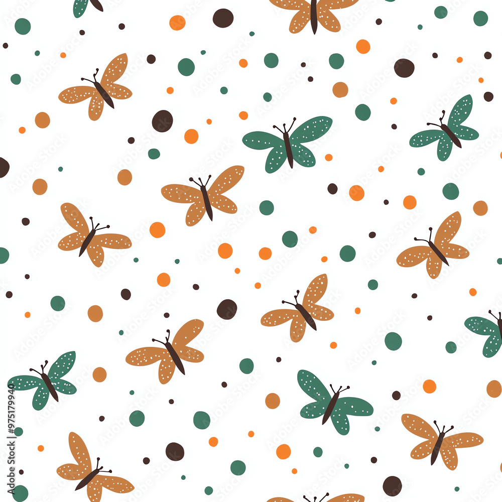 A cute pattern with butterflies and polka dots, in an orange, brown, and green color scheme on a white background. A cute pattern with butterflies and polka dots, in an orange, brown, and green color scheme on a white background.
