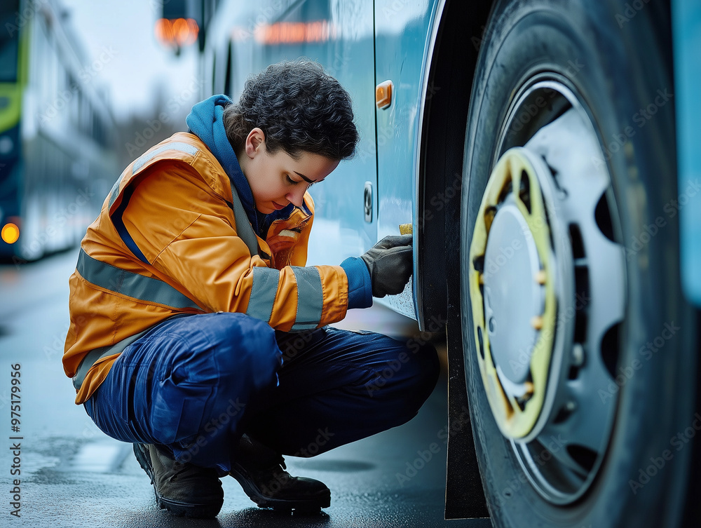 Bus Driver Inspecting Vehicle for Maintenance and Safety Bus Driver Inspecting Vehicle for Maintenance and Safety