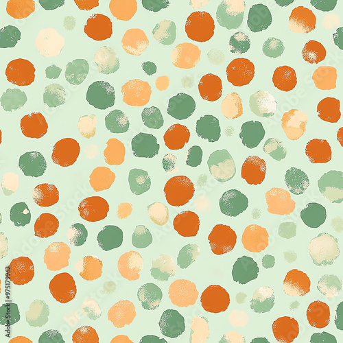 A pattern of polka dots in sage green, burnt orange, and peach tones on a light mint background.