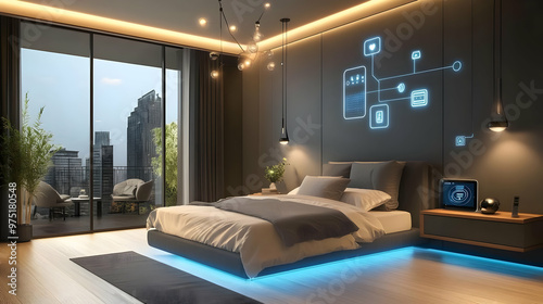 Modern Bedroom Interior Design with Smart Home Technology 3D Illustration