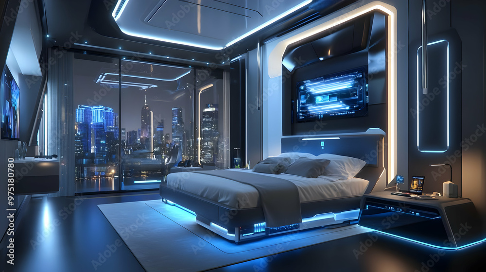 Futuristic Bedroom with City View 3D Illustration Futuristic Bedroom with City View 3D Illustration