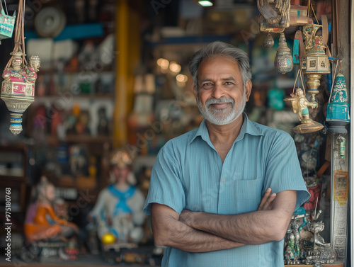 Proud Indian Business Owner Smiling at His Shop Entrance