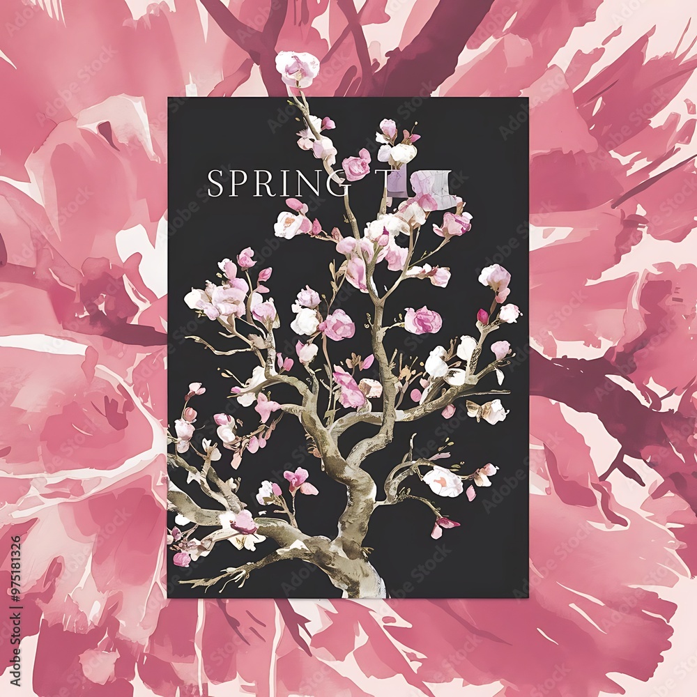 Watercolor spring blooming cherry tree branches background, card template, hand painted on a dark background Watercolor spring blooming cherry tree branches background, card template, hand painted on a dark background