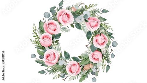 Wreath of watercolor pink roses, green leaves and eucalyptus branches, isolated illustration on white background