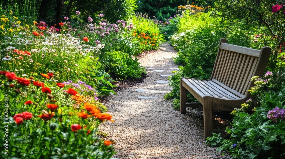 Beautiful garden with blooming flowers a stone pathway Beautiful garden with blooming flowers a stone pathway