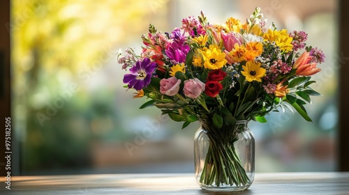 Beautifully arranged bouquet of mixed flowers in a glass vase on a wooden table