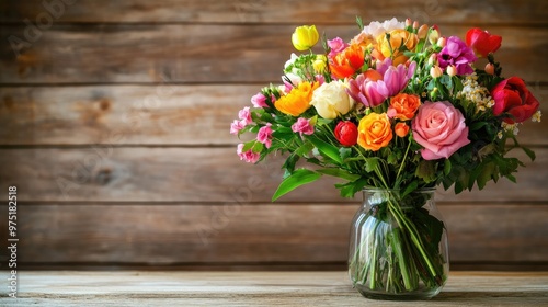 Wallpaper Mural Beautifully arranged bouquet of mixed flowers in a glass vase on a wooden table Torontodigital.ca